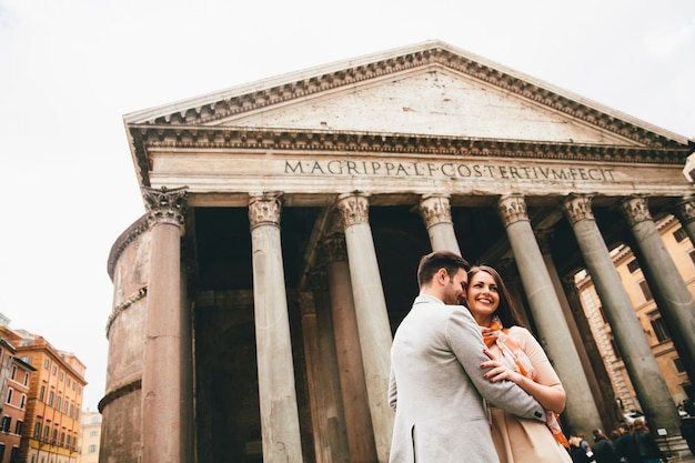 Loving couple in front of the Pantheon in Rome