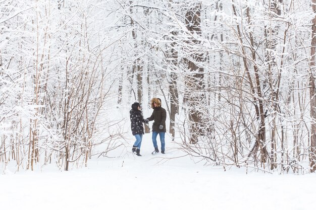 雪の公園で屋外で楽しんでいる愛情のあるカップル