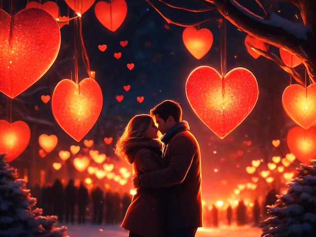 A loving couple hugging each other on valentines day in the warm glow of hanging hearts