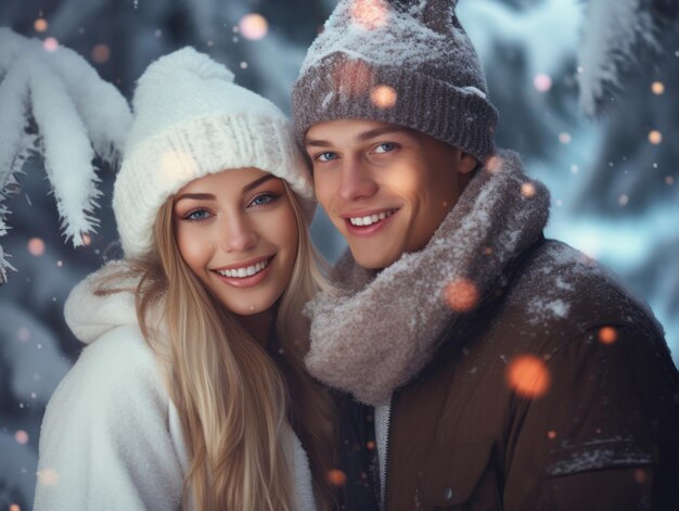 Фото Влюбленная пара наслаждается романтическим зимним днем.