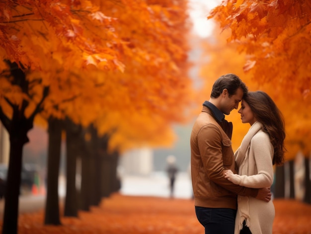 Loving couple is enjoying a romantic autumn day