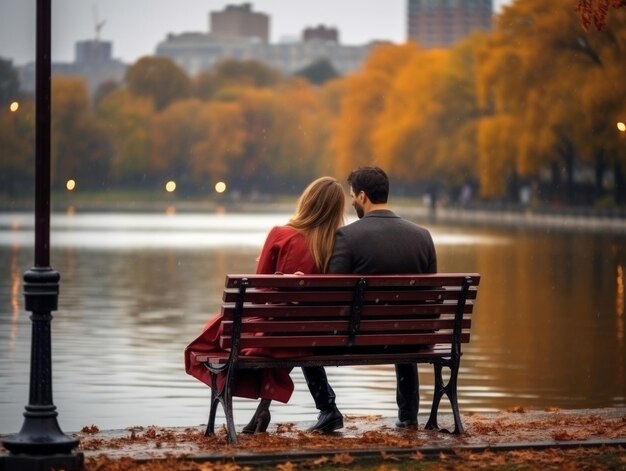 Loving couple is enjoying a romantic autumn day