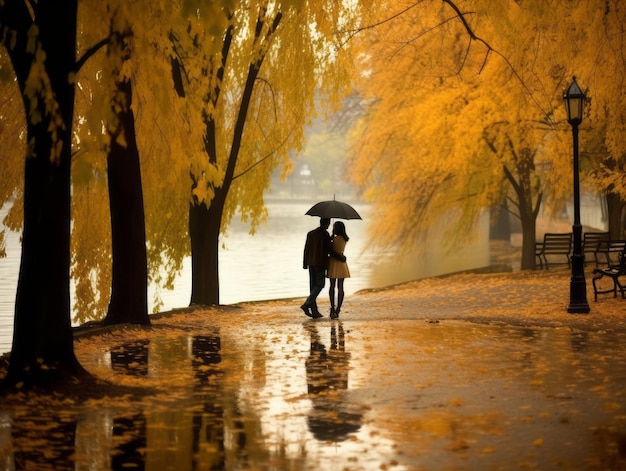 Loving couple is enjoying a romantic autumn day