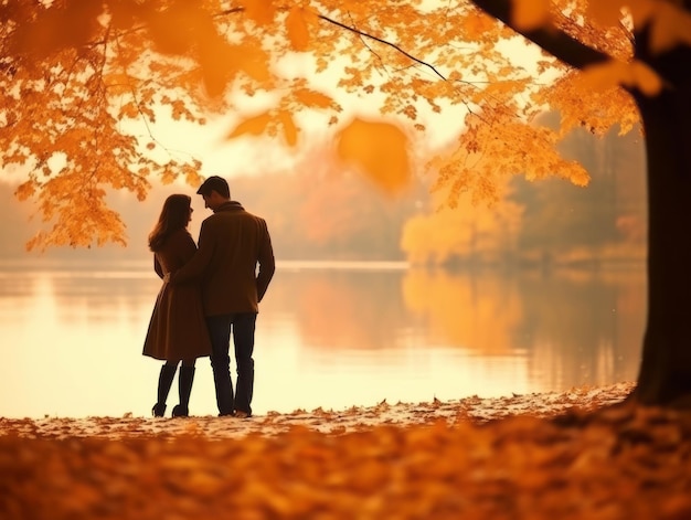 Loving couple is enjoying a romantic autumn day