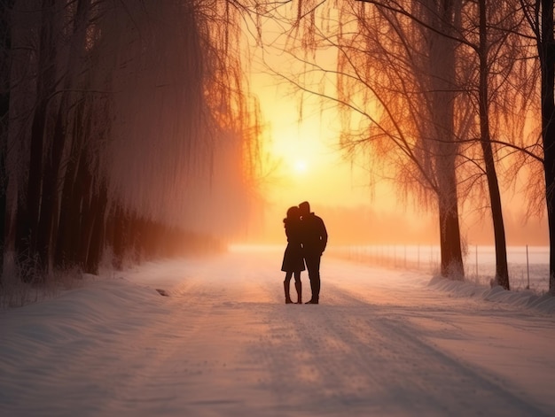 Loving couple is enjoying a romantic winter day