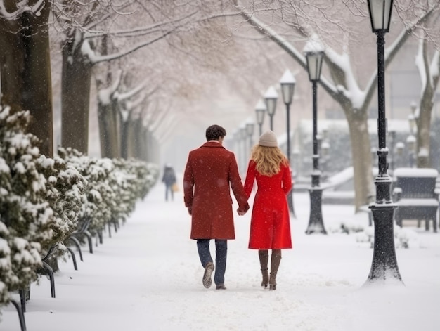 Loving couple is enjoying a romantic winter day