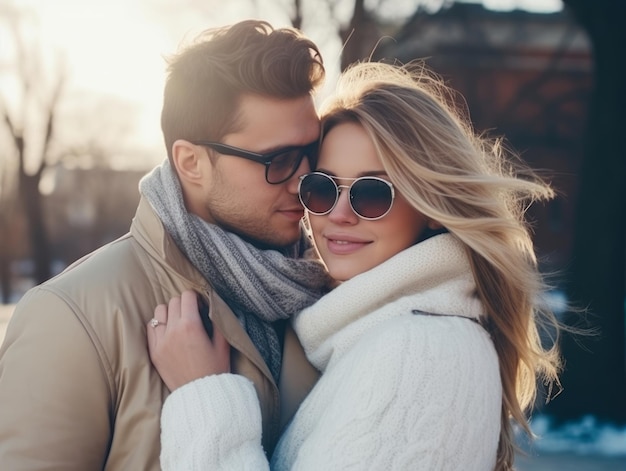 Loving couple is enjoying a romantic winter day