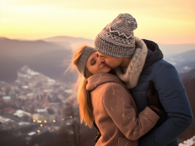 Photo loving couple is enjoying a romantic winter day