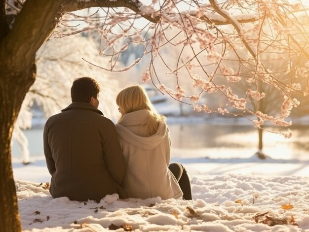 Влюбленная пара наслаждается романтическим зимним днем.