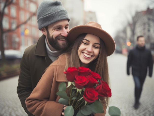 Photo loving couple is enjoying a romantic winter day