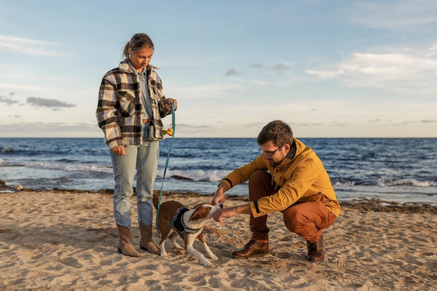 Влюбленная пара играет со своей собакой на пляже кавказские люди люди животный образ жизни и концепция природы