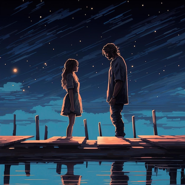 A loving couple is standing on a wooden bridge across the edge of the sea looking at each other