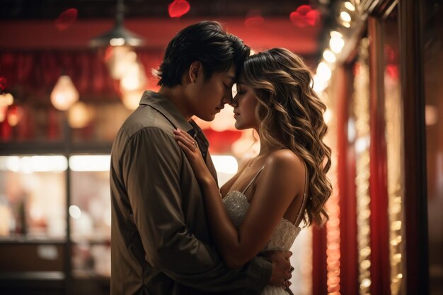 Loving couple kissing on panoramic window background overlooking nigth city Romantic place for roma