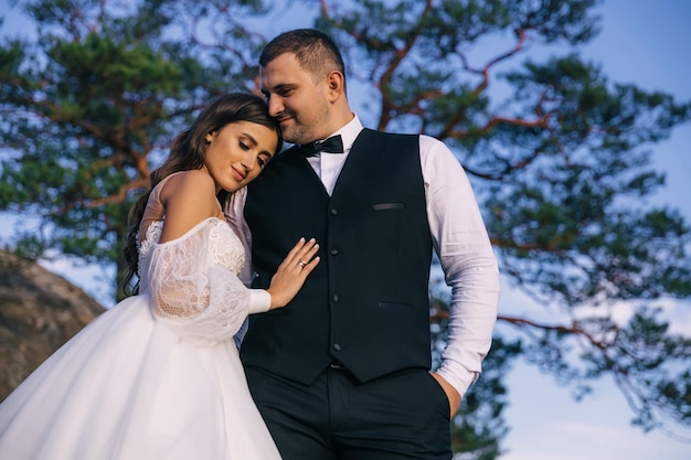 A loving couple of newlyweds walking in the mountains the bride\
and groom enjoy the scenery under the tree