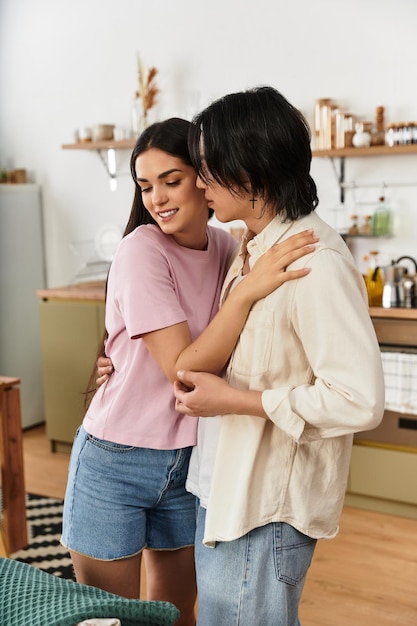 Loving couple sharing a tender moment in their cozy home during a warm afternoon