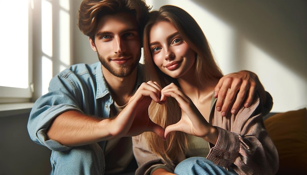 Loving couple showing a hand heart gesture