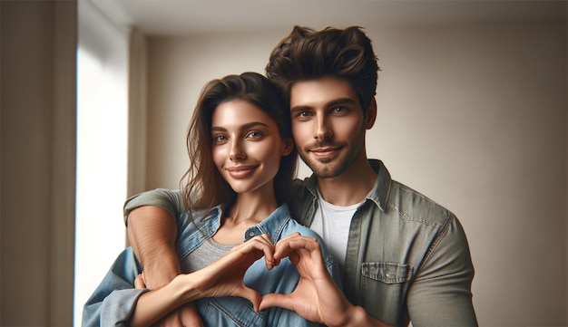 Loving couple showing a hand heart gesture