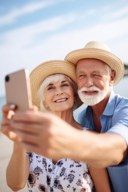 A loving couple taking photos of themselves while on vacation