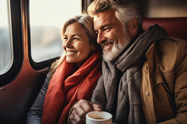 一緒に旅行する愛するカップル 中年のカップルが電車に乗り 笑顔で互いに楽しんでいます