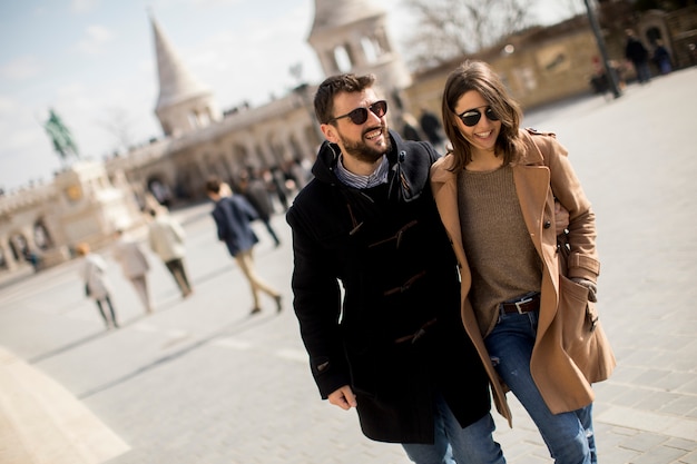 Loving couple walking in Budapest, Hungary