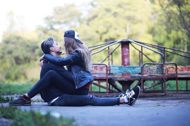 Loving couple walking in casual clothes