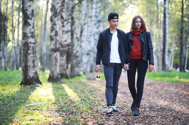 Loving couple walking in casual clothes