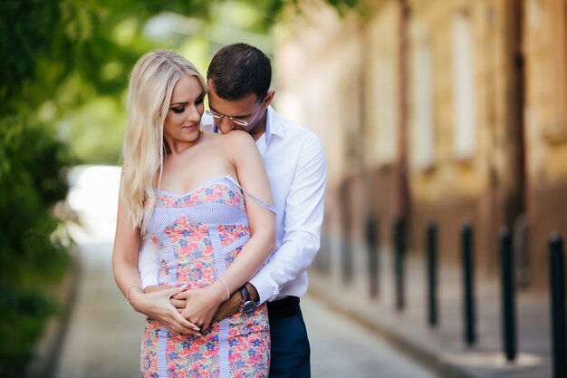 Loving couple walking in the city.