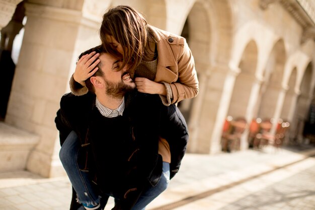 Loving couple walking and having fun in Budapest, Hungary