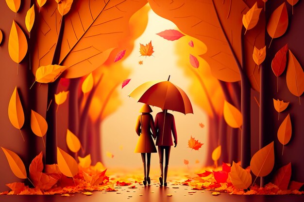 Loving couple walking under umbrella in the autumn season background