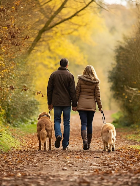 Foto coppia d'amore che cammina con un cane golden retriever in autunno lungo un sentiero boschivo tra gli alberi