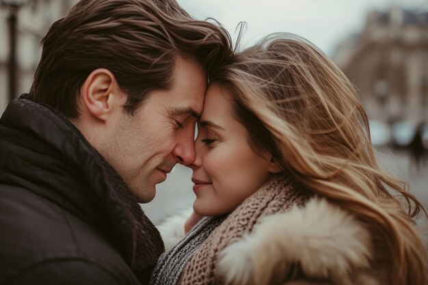 A loving couple in a warm embrace against the backdrop of iconic Parisian charm