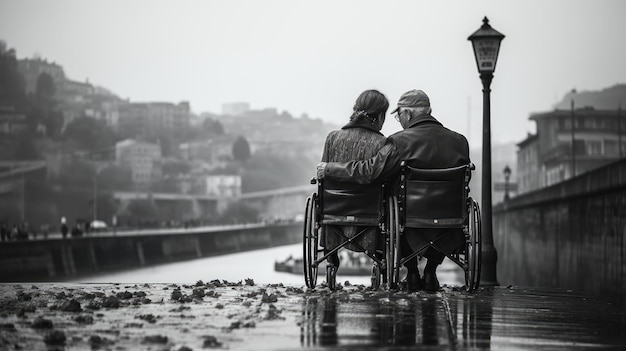 Loving couple in wheelchairs