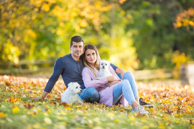 Una coppia di innamorati con cani in un parco autunnale giace sulle foglie.