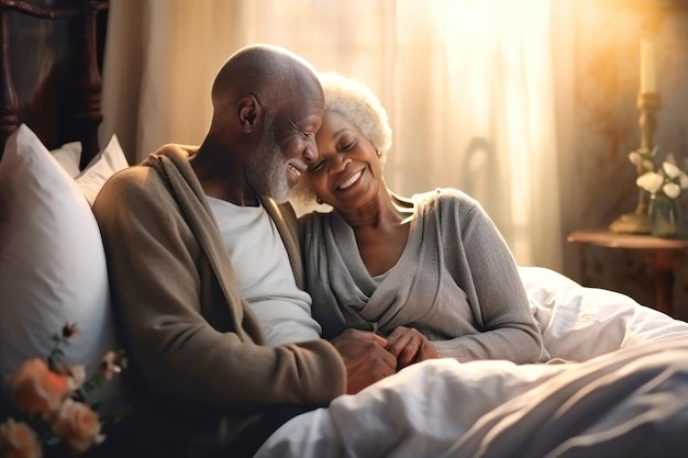 A loving darkskinned elderly couple a man and a woman are lying in bed Love and romance Family idyll Happy morning for lovers Valentines Day