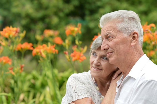 Loving elderly couple on a background of flowers