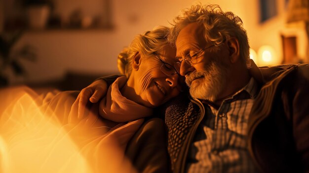 Loving elderly couple sitting on the sofa in a romantic atmosphere