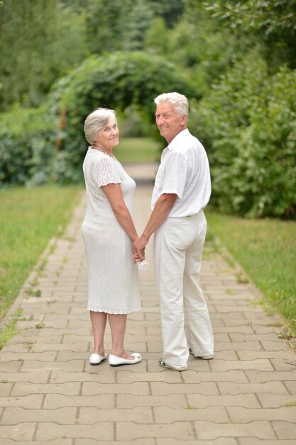 Влюбленная пожилая пара на прогулке в парке вместе