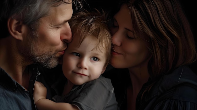 Любящая семья, обнимающая в нежный момент изображение родительства и единства, запечатленное в студии с темным фоном ИИ