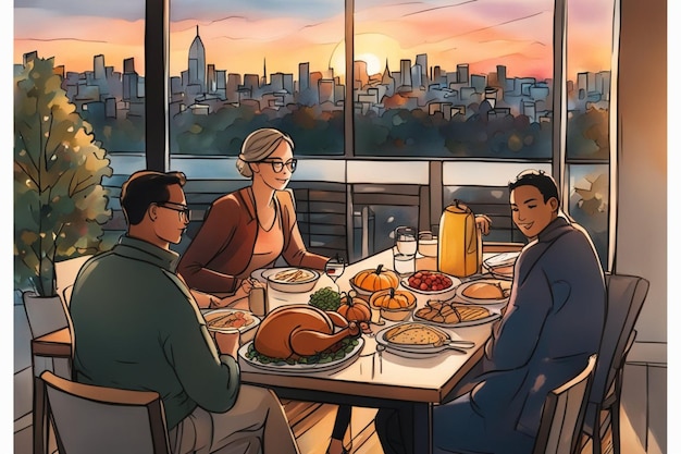 loving family enjoy thanksgiving lunch at the table with view illustration