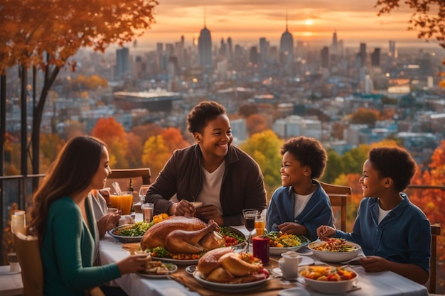 любящая семья наслаждается обедом в честь Дня благодарения за столом с иллюстрацией вида