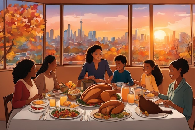 loving family enjoy thanksgiving lunch at the table with view illustration