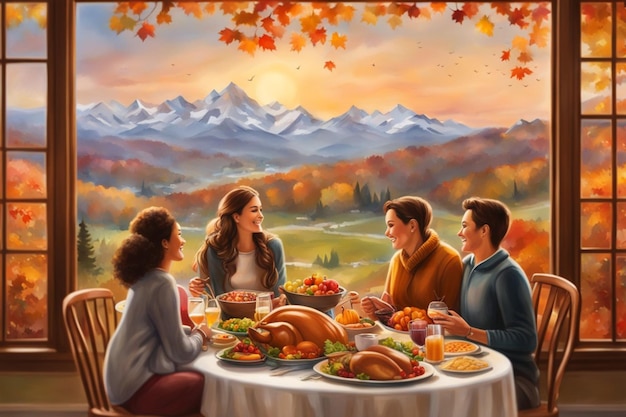 loving family enjoy thanksgiving lunch at the table with view illustration