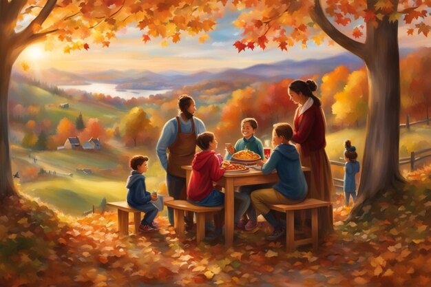 loving family enjoy thanksgiving lunch at the table with view illustration