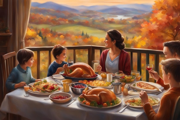 愛する家族は、ビューのイラストを使用してテーブルで感謝祭のランチを楽しみます
