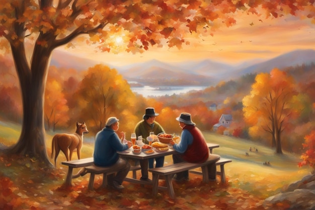 loving family enjoy thanksgiving lunch at the table with view illustration