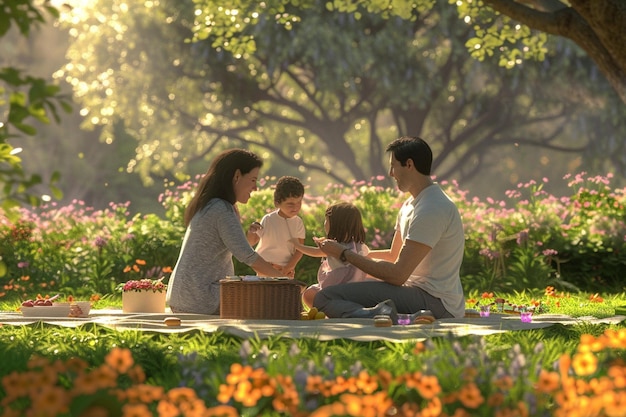 Любящая семья наслаждается пикником в парке для Мо