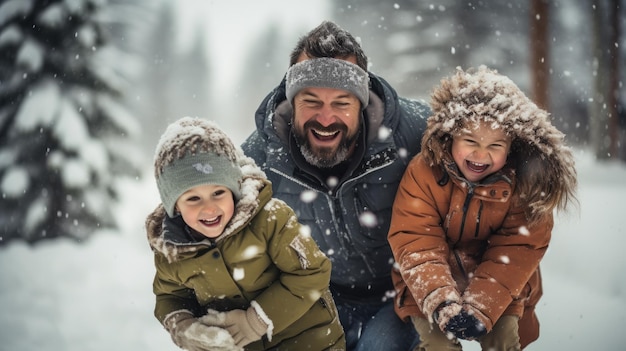 愛する家族が雪の中で遊んで思い出を作る