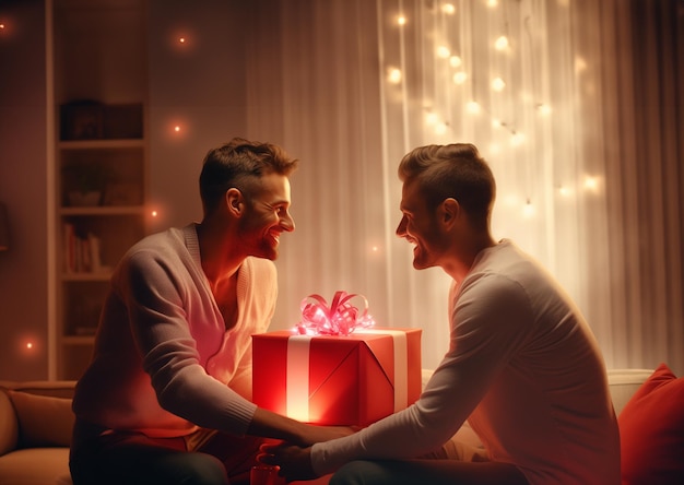 A loving gay couple exchange Valentine's Day gifts a tender moment full of joy and affection
