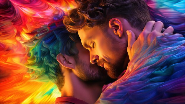 Loving gay couple hugging embraces passionately enveloped in flowing vibrant multicolored fabric