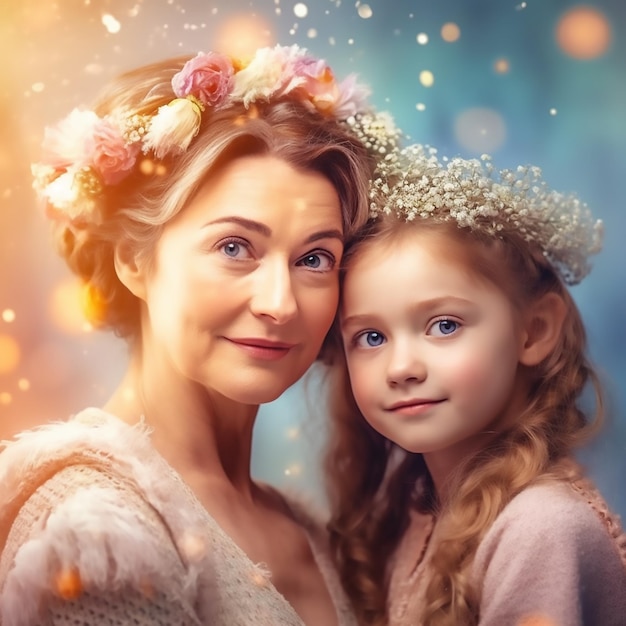 Loving grandmother and granddaughter holding beautiful flowers crown on her head